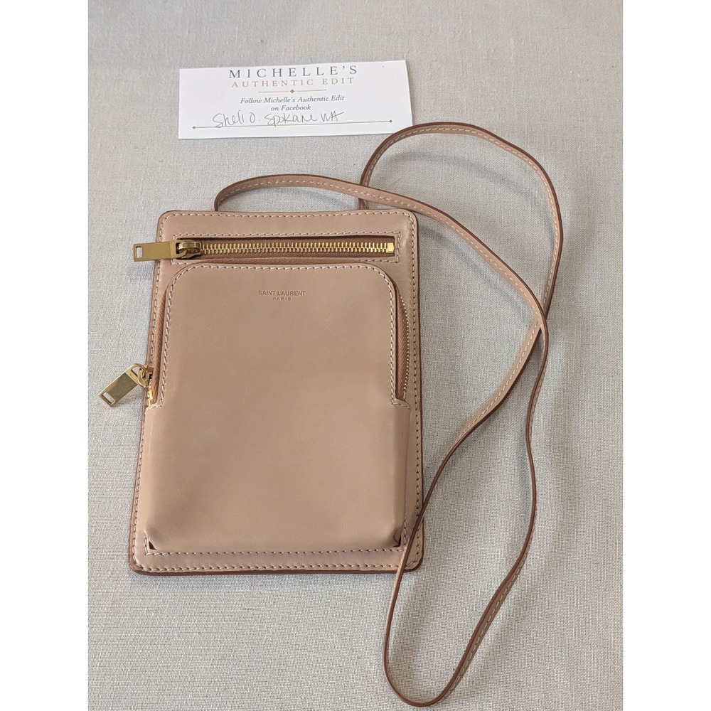 Saint Laurent YSL Beige Leather Phone  Holder Mini Crossbody Bag EUC COA